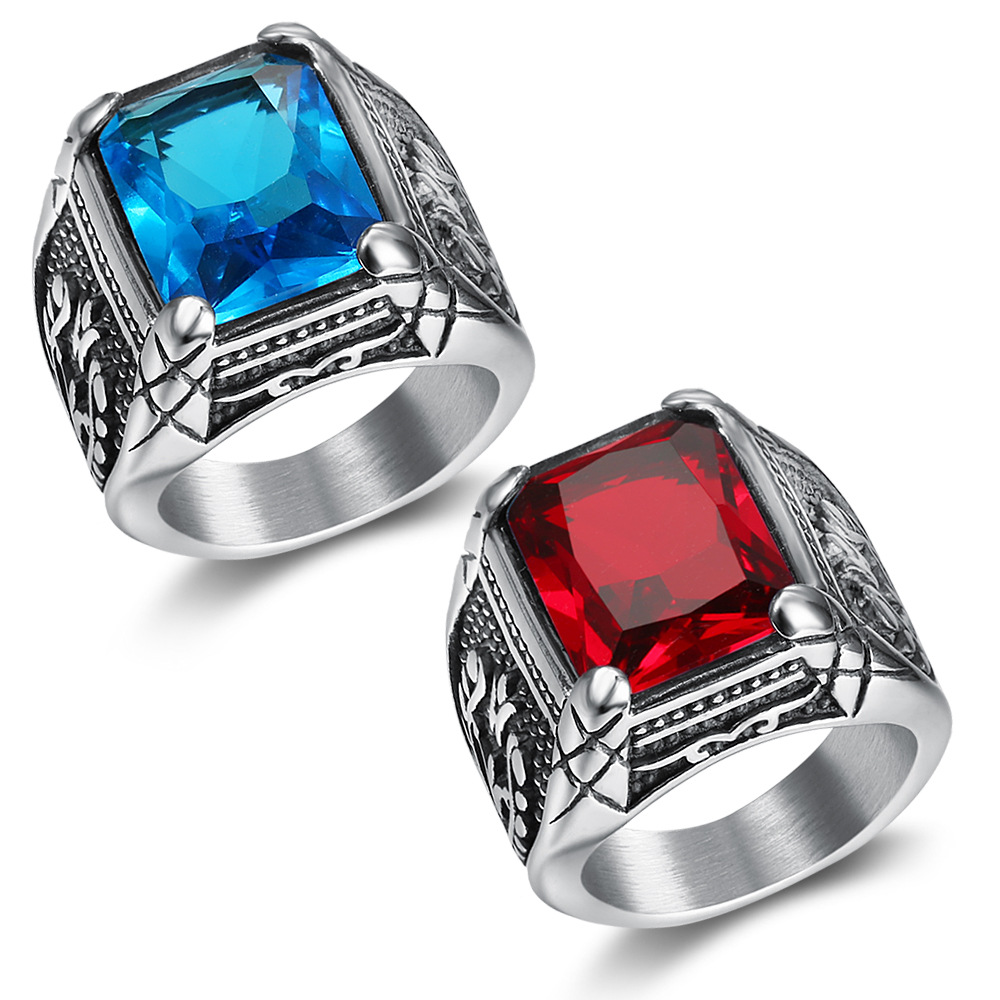 Signet Ring Men - Zilver Kleur Mannen Rood Blauw Halfedelsteen