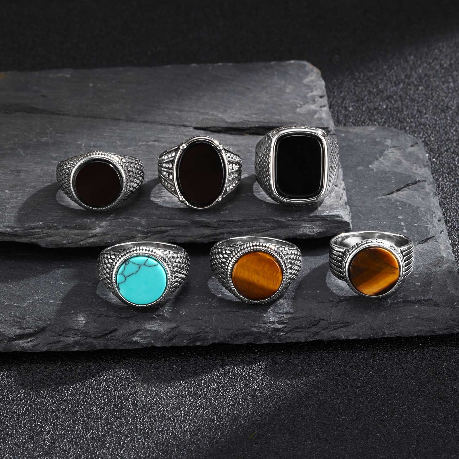 Signet Ring Men - Geometrische turquoise tijgerogen natuursteen ring voor