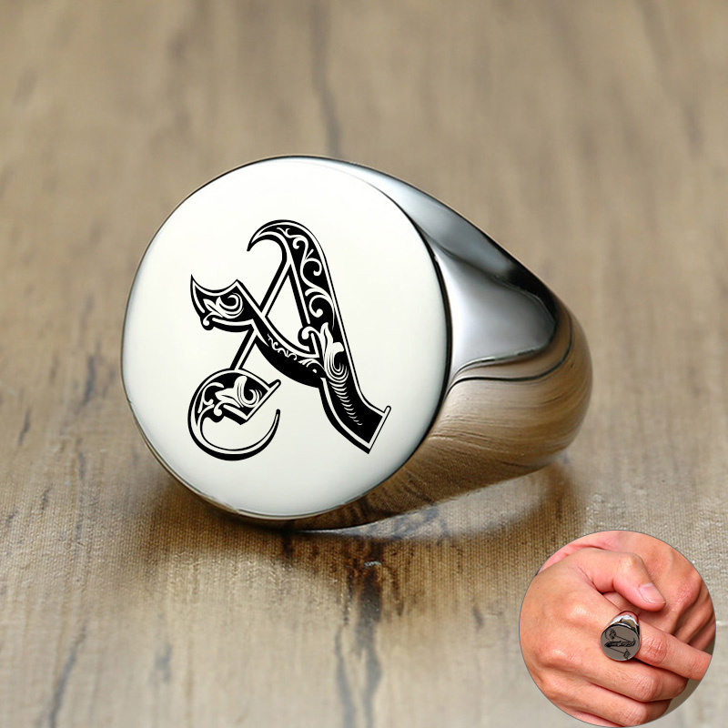 Signet Ring Men - Vnox Stijlvolle Patroon Lettertype Initial Stempel